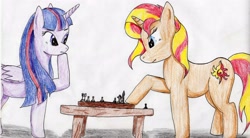 Size: 3474x1914 | Tagged: safe, artist:40kponyguy, derpibooru exclusive, sunset shimmer, twilight sparkle, twilight sparkle (alicorn), alicorn, pony, chess, female, mare, ponified, traditional art