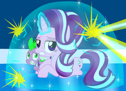 Size: 4728x3396 | Tagged: safe, artist:lovehtf421, spike, starlight glimmer, dragon, pony, unicorn, force field, magic, magic blast, protecting