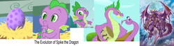 Size: 2988x800 | Tagged: safe, edit, edited screencap, screencap, rarity, spike, dragon, pony, unicorn, secret of my excess, the cutie mark chronicles, adult spike, baby spike, coils, cropped, dragon egg, dragon god, egg, male, older, spike's egg, spikezilla, tail sucking, tailsucking, younger