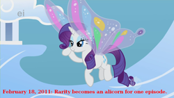 Size: 1280x720 | Tagged: safe, edit, edited screencap, screencap, rarity, pony, unicorn, sonic rainboom (episode), ei, glimmer wings, hub logo, lidded eyes, solo, text