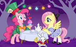 Size: 1250x781 | Tagged: safe, artist:drchrissy, angel bunny, fluttershy, pinkie pie, earth pony, pegasus, pony, rabbit, alice in wonderland, animal, broken comment counter, clothes, crossover, cupcake, cute, dress, heart, mad hatter, mary janes, open mouth, parody, pocket watch, smiling, tea, tea party