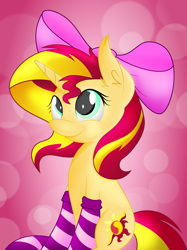 Size: 5988x8000 | Tagged: safe, artist:rainbownspeedash, sunset shimmer, pony, unicorn, absurd resolution, bow, clothes, cute, hair bow, shimmerbetes, socks, solo, striped socks