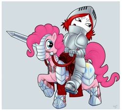 Size: 1122x1021 | Tagged: safe, artist:r perils, pinkie pie, earth pony, pony, armor, bridle, crossover, duo, female, gray background, humans riding ponies, mare, plate armor, raised hoof, reins, riding, ruby gloom, saddle, simple background, sword, weapon