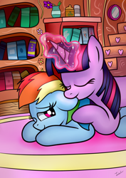 Size: 2480x3507 | Tagged: safe, artist:twidasher, derpibooru import, rainbow dash, twilight sparkle, pegasus, pony, ear bite, female, golden oaks library, lesbian, magic, shipping, twidash