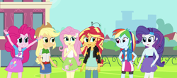 Size: 1600x706 | Tagged: safe, artist:thomaszoey3000, derpibooru import, applejack, fluttershy, pinkie pie, rainbow dash, rarity, sunset shimmer, equestria girls, belt, clothes, compression shorts, cowboy hat, cute, denim skirt, freckles, hat, humane five, jacket, leather jacket, skirt, stetson