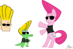 Size: 680x453 | Tagged: safe, artist:facelessjr, gummy, pinkie pie, earth pony, pony, crossover, johnny bravo, parody