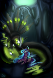 Size: 1300x1900 | Tagged: safe, artist:sayonaramisse, queen chrysalis, changeling, changeling queen, crossover, pokémon, prone, zygarde