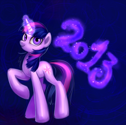 Size: 1210x1200 | Tagged: safe, artist:nyarmarr, derpibooru import, twilight sparkle, 2013, happy new year, magic, solo