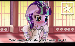 Size: 3200x1967 | Tagged: safe, artist:avchonline, starlight glimmer, pony, unicorn, baka, blushing, canterlot royal ballet academy, clothes, dress, engrish, female, hair bow, implied twilight sparkle, jewelry, lesbian, necklace, shipping, solo, tiara, tsundere, twistarlight