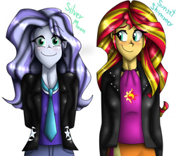 Size: 1199x1066 | Tagged: safe, artist:namygaga, sunset shimmer, oc, oc:silver moon, equestria girls, duo, female, text