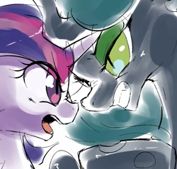 Size: 903x858 | Tagged: safe, artist:yajima, queen chrysalis, twilight sparkle, changeling, changeling queen, eye contact, gritted teeth, looking at each other