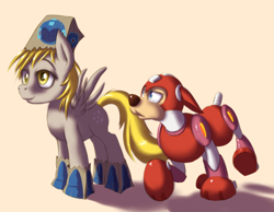 Size: 1280x993 | Tagged: safe, artist:swaetshrit, derpy hooves, pegasus, pony, crossover, duo, female, mare, megaman, rush