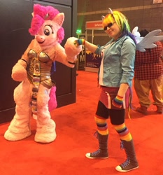 Size: 1192x1280 | Tagged: safe, derpibooru import, pinkie pie, rainbow dash, human, equestria girls, armor, c2e2, clothes, converse, cosplay, costume, fursuit, hoofbump, irl, irl human, photo, shoes