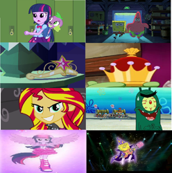 Size: 1024x1031 | Tagged: safe, screencap, spike, sunset shimmer, twilight sparkle, equestria girls, comparison, patrick star, sheldon j. plankton, spongebob squarepants, the spongebob squarepants movie