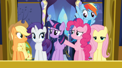 Size: 1440x803 | Tagged: safe, derpibooru import, screencap, applejack, fluttershy, pinkie pie, rainbow dash, rarity, twilight sparkle, twilight sparkle (alicorn), alicorn, earth pony, pegasus, pony, unicorn, fame and misfortune, mane six, smiling