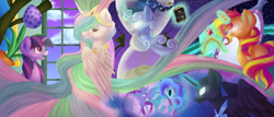 Size: 1400x600 | Tagged: safe, artist:partycannoninc, nightmare moon, princess celestia, star swirl the bearded, sunset shimmer, twilight sparkle, alicorn, pony, big crown thingy, book, egg, element of magic, glowing eyes, magic, telekinesis