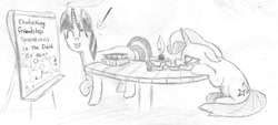 Size: 1243x563 | Tagged: safe, artist:t72b, derpibooru exclusive, starlight glimmer, twilight sparkle, twilight sparkle (alicorn), alicorn, pony, book, bored, death by powerpoint, lecture, monochrome, newbie artist training grounds, sleepy, table, traditional art