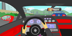 Size: 2200x1120 | Tagged: safe, artist:algoorthviking, rainbow dash, sunset shimmer, equestria girls, car, cockpit, ford, ford mustang, lamborghini, lamborghini gallardo, offscreen character, pov, racing, rear view, top gear