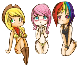 Size: 570x486 | Tagged: safe, artist:mewmewkittenfire, applejack, fluttershy, rainbow dash, belly button, blushing, bra, cleavage, clothes, cutie mark, cutie mark underwear, embarrassed, female, humanized, panties, tanktop, underwear