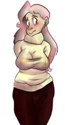 Size: 630x1211 | Tagged: safe, artist:cotta, fluttershy, breasts, clothes, female, hootershy, humanized, simple background, solo, sweater, sweatershy, white background