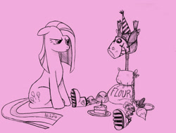 Size: 1161x883 | Tagged: safe, artist:what-nancy-drew, pinkie pie, earth pony, pony, birthday, broom, bucket, cake, flour, pinkamena diane pie, rock, sketch