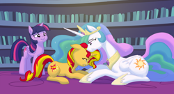 Size: 1544x835 | Tagged: safe, artist:carnifex, princess celestia, sunset shimmer, twilight sparkle, twilight sparkle (alicorn), alicorn, pony, begging, commission, crying, eyes closed, feels, female, floppy ears, forgiveness, gritted teeth, heartwarming in hindsight, mare, nuzzling, prone, reunion, smiling, the prodigal sunset