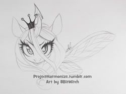 Size: 1145x851 | Tagged: safe, artist:lolopan, queen chrysalis, changeling, changeling queen, female, grayscale, looking at you, monochrome, pencil drawing, simple background, solo, traditional art, white background