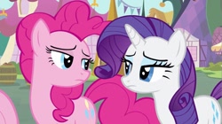 Size: 1279x715 | Tagged: safe, screencap, fluttershy, pinkie pie, rarity, earth pony, pegasus, pony, unicorn, putting your hoof down, duo focus, looking at each other, pinkie pie is not amused, rarity is not amused, unamused