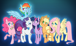 Size: 1200x724 | Tagged: safe, artist:egophiliac, derpibooru import, applejack, fluttershy, pinkie pie, rainbow dash, rarity, twilight sparkle, twilight sparkle (alicorn), alicorn, earth pony, pegasus, pony, unicorn, alternate universe, freckles, mane six, raised hoof