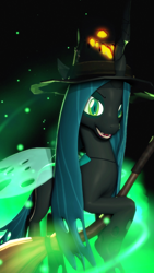 Size: 1080x1920 | Tagged: safe, artist:powdan, queen chrysalis, changeling, changeling queen, 3d, broom, flying, flying broomstick, gmod, hat, looking at you, smiling, solo, witch, witch hat