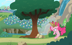 Size: 1680x1050 | Tagged: safe, artist:facelessjr, gummy, pinkie pie, earth pony, pony, pogo stick, tree, waterfall