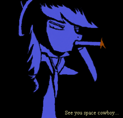 Size: 514x493 | Tagged: safe, applejack, earth pony, pony, /mlp/, cigarette, cowboy bebop, see you space cowboy, space cowboy