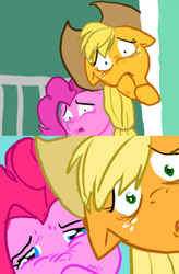 Size: 482x736 | Tagged: safe, applejack, pinkie pie, earth pony, pony, blonde mane, duo, female, mare, orange coat, pink coat, pink mane, reaction image