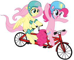 Size: 800x650 | Tagged: safe, artist:anjevalart, fluttershy, pinkie pie, earth pony, pegasus, pony, bicycle, helmet, tandem