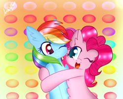 Size: 726x584 | Tagged: safe, artist:anasflow, derpibooru import, pinkie pie, rainbow dash, earth pony, pegasus, pony, female, hug, mare, one eye closed, wink