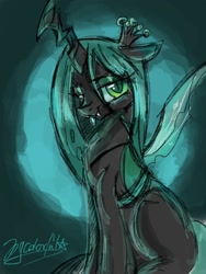 Size: 960x1280 | Tagged: safe, artist:colorfulcolor233, queen chrysalis, changeling, changeling queen, crown, fangs, female, jewelry, lidded eyes, looking at you, regalia, signature, sitting, smiling, solo, spread wings, tongue out, wings