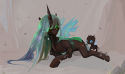 Size: 3500x2079 | Tagged: safe, artist:utauyan, queen chrysalis, changeling, changeling queen, baby, cutie mark, drawing, duo, heart, horn, larva, love, mommy chrissy, simple background, wings