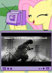 Size: 437x604 | Tagged: safe, fluttershy, kaiju, pegasus, pony, exploitable meme, godzilla, godzilla (series), happy birthday godzilla, meme, tv meme