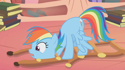 Size: 1280x720 | Tagged: safe, derpibooru import, screencap, rainbow dash, pegasus, pony, bridle gossip, book, golden oaks library, ladder, solo