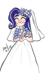 Size: 706x1131 | Tagged: safe, artist:grocerystorephobic, starlight glimmer, human, clothes, cute, dress, eyes closed, flower, glimmerbetes, humanized, simple background, smiling, solo, thick eyebrows, wedding dress, white background