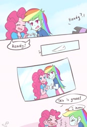 Size: 1409x2048 | Tagged: safe, artist:yuck, derpibooru import, pinkie pie, rainbow dash, equestria girls, camera, clothes, comic, cute, dialogue, diapinkes, eyes closed, female, heart hands, lesbian, multicolored hair, open mouth, photo, pinkiedash, shipping, smiling