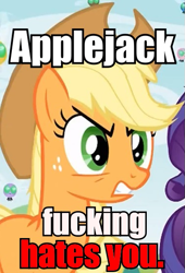 Size: 377x555 | Tagged: safe, applejack, earth pony, pony, female, hate, image macro, mare, vulgar