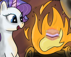 Size: 1250x1000 | Tagged: safe, artist:spaceponies, rarity, unicorn, campfire, cannibalism, female, magic, marshmallow, rarity is a marshmallow, s'mores, solo, telekinesis