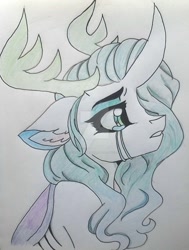 Size: 1024x1357 | Tagged: safe, artist:evergreen-gemdust, queen chrysalis, changedling, changeling, changeling queen, bust, crying, portrait, purified chrysalis, solo, traditional art, watermark