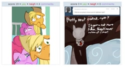 Size: 590x316 | Tagged: safe, applejack, pinkie pie, slendermane, earth pony, pony, exploitable meme, juxtaposition, juxtaposition win, meta, scared, slenderpony