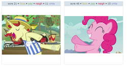 Size: 596x312 | Tagged: safe, flam, pinkie pie, earth pony, pony, exploitable meme, hoofy-kicks, juxtaposition, juxtaposition win