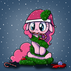 Size: 5000x5000 | Tagged: safe, artist:maplesunrise, artist:quasdar, pinkie pie, earth pony, pony, absurd resolution, ask snuggle pie, candy, candy cane, christmas, christmas ornament, cute, decoration, diapinkes, hat, holly, mouth hold, ornament, santa hat, snow, snowfall, solo, tinsel