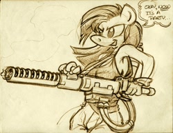 Size: 1100x850 | Tagged: safe, artist:trollie trollenberg, pinkie pie, anthro, armpits, flamethrower, monochrome, pinkamena diane pie, solo, traditional art, weapon