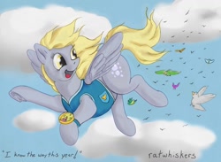 Size: 1369x1000 | Tagged: safe, artist:ratwhiskers, derpy hooves, bird, pegasus, pony, winter wrap up, clothes, cloud, cloudy, compass, female, flying, looking back, mare, sky, smiling, solo, underhoof, underp, vest, weather team, went north to get the southern birds, windswept mane, winter wrap up vest