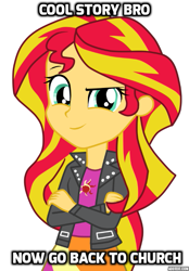 Size: 533x768 | Tagged: safe, sunset shimmer, equestria girls, christian sunset shimmer, clothes, crossed arms, humanized, image macro, jacket, meme, mouthpiece, neoreactionary sunset shimmer, solo, text